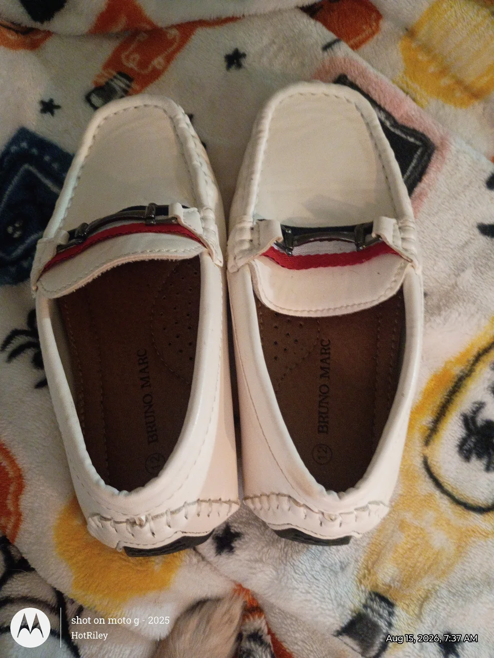 White Kids Moccasin Loafers with Red & Navy Trim